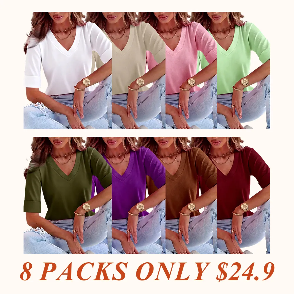 Plus Size Solid V Neck Roll Up Sleeve Tee, Casual Fitted T-shirt , Women's Plus Clothing for Daily Wear