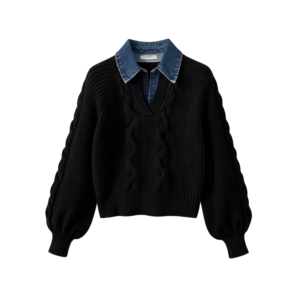 Denim Panel Ribbed Lapel Sweater