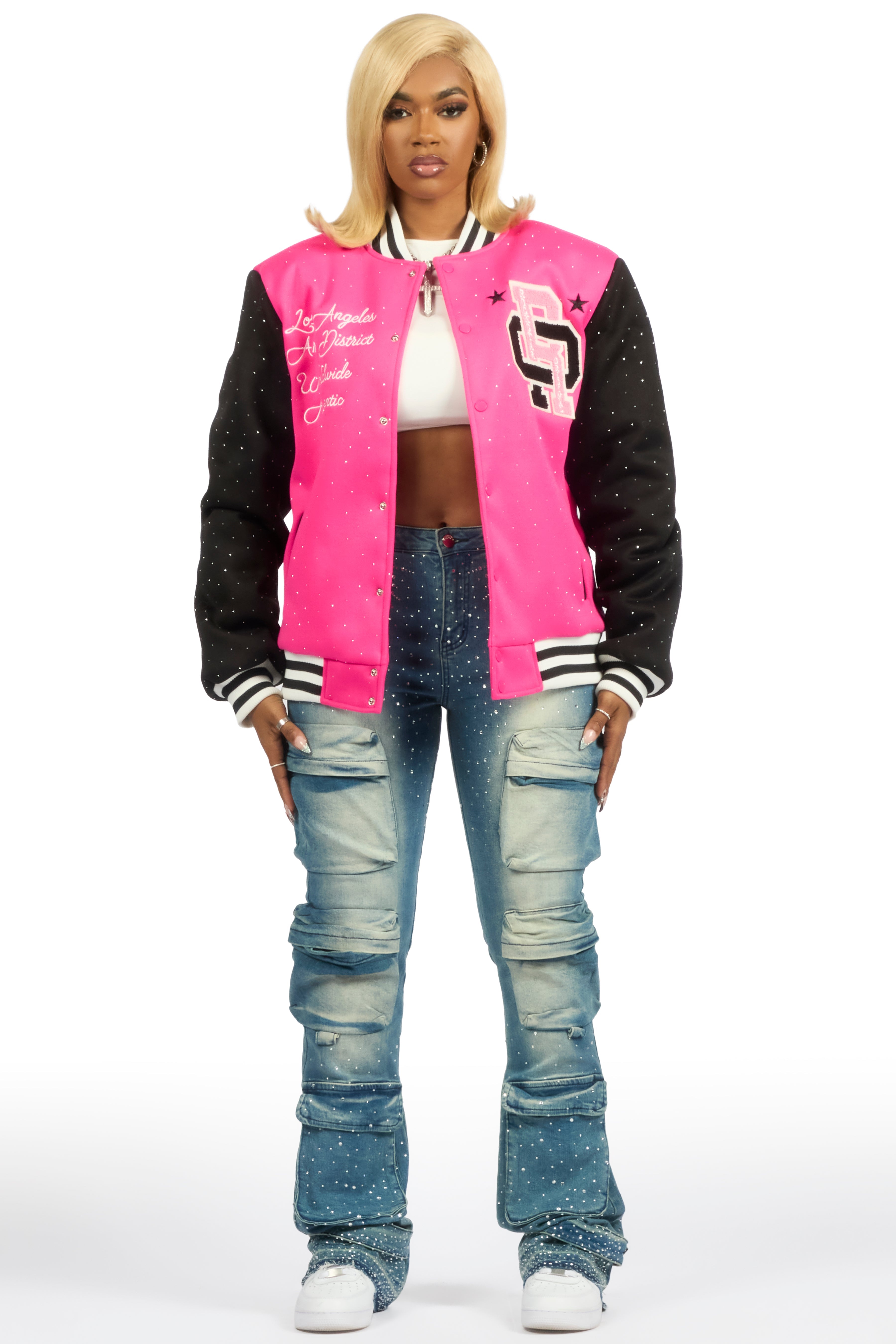 Ranesha Hot Pink/Black Rhinestone Varsity Jacket