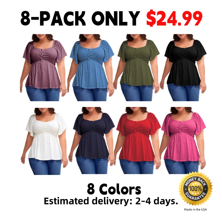 Women Plus Size Sweetheart Neck Short Sleeve Shirred Peplum Blouse Tops Shirts(1X-5X)