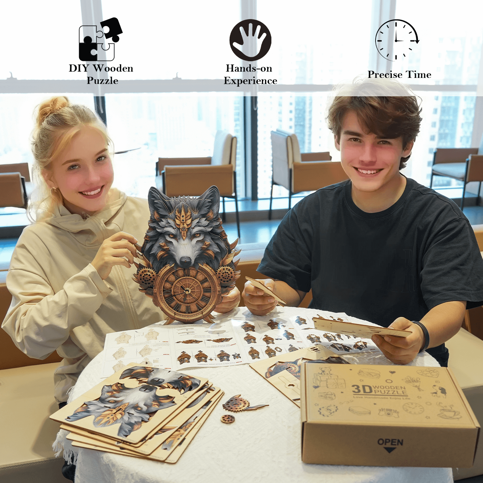 Gray Wolf– DIY Wooden Clock, 3D Puzzle Craft Kit