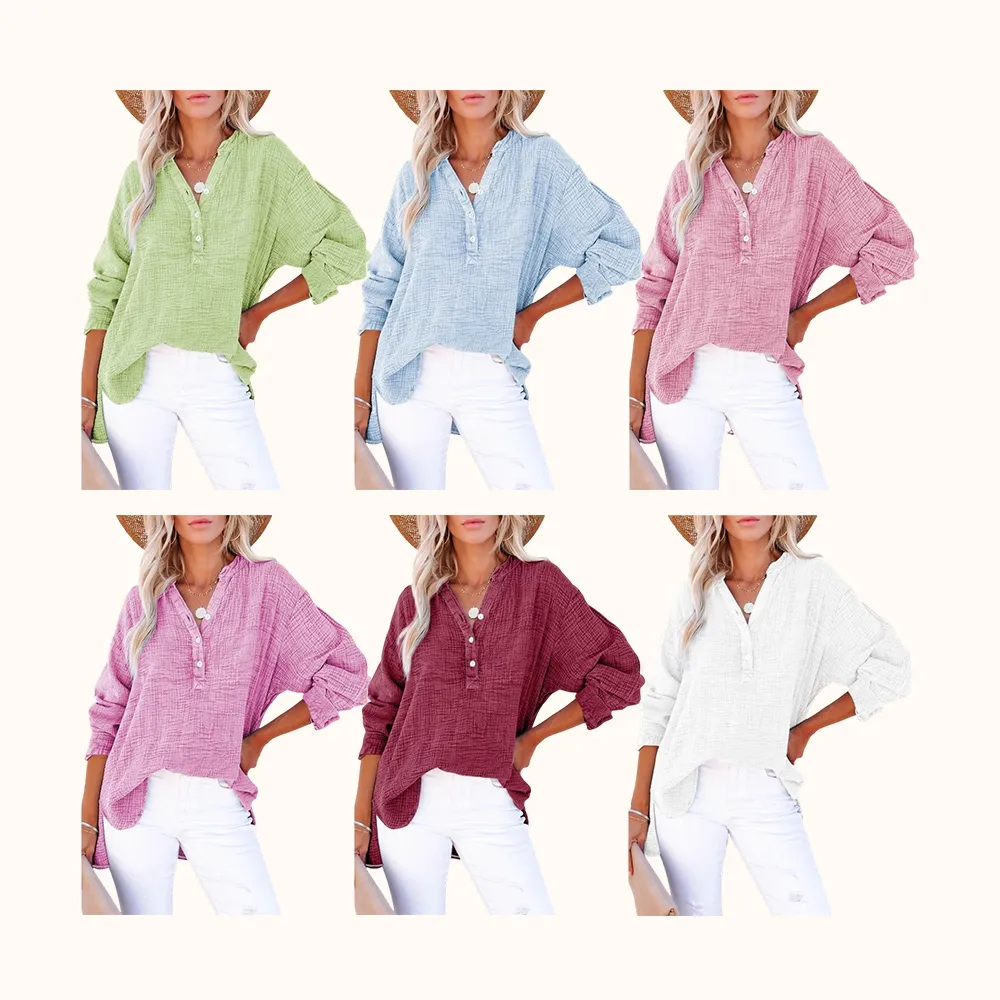 Women's Casual Button V Neck Long Sleeve Shirts Oversized Solid Blouses Tops