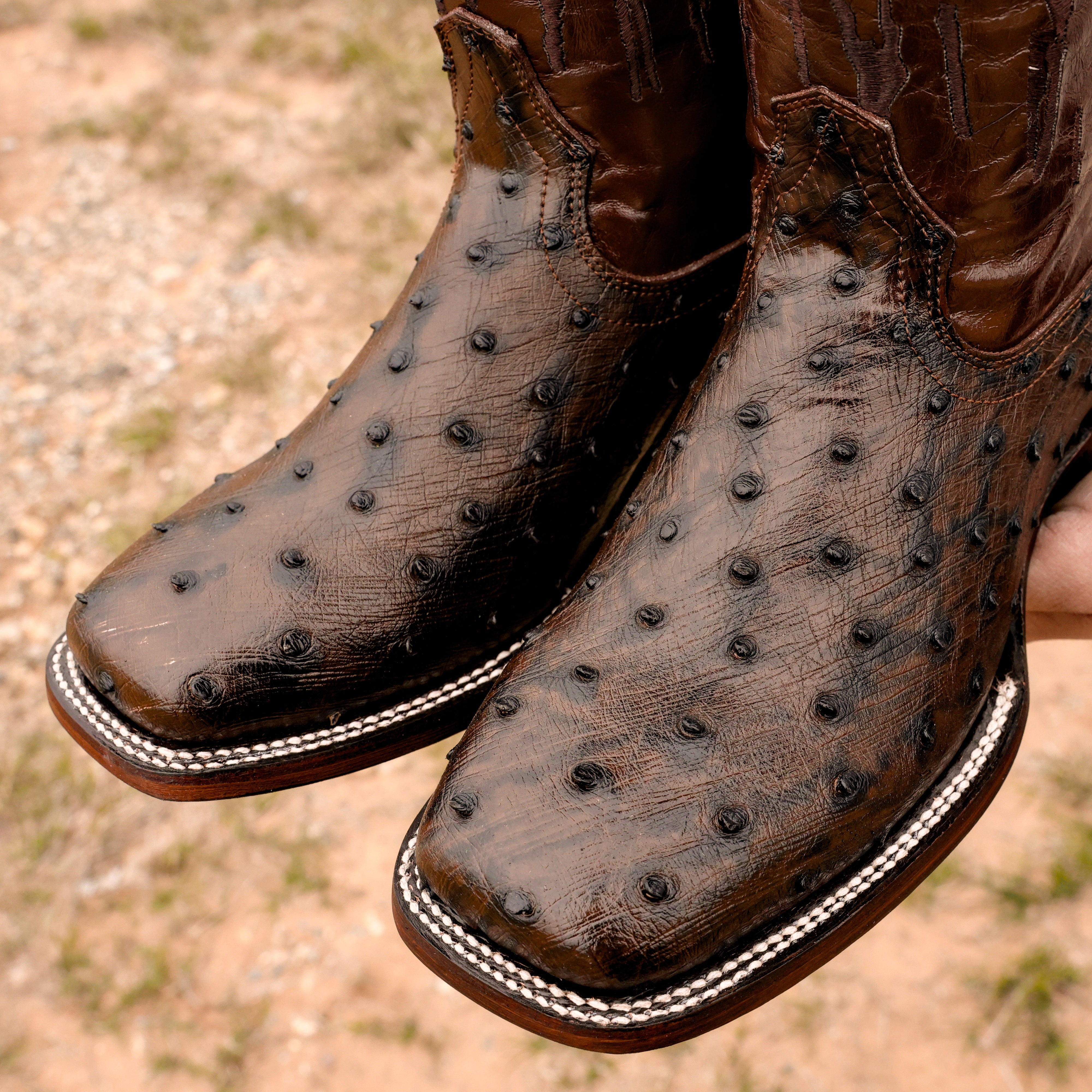 Chocolate Brown Ostrich Leather Boots - Square Toe
