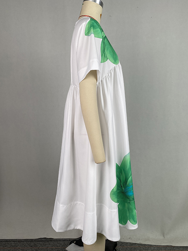 Flower Print Pleated A-Line Loose V-Neck Midi Dresses