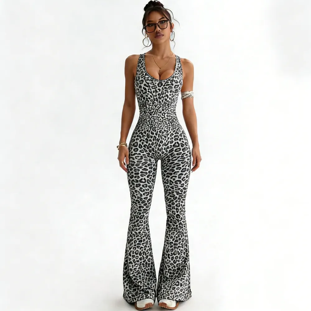 Women's Leopard Print Flared Workout Bodysuit