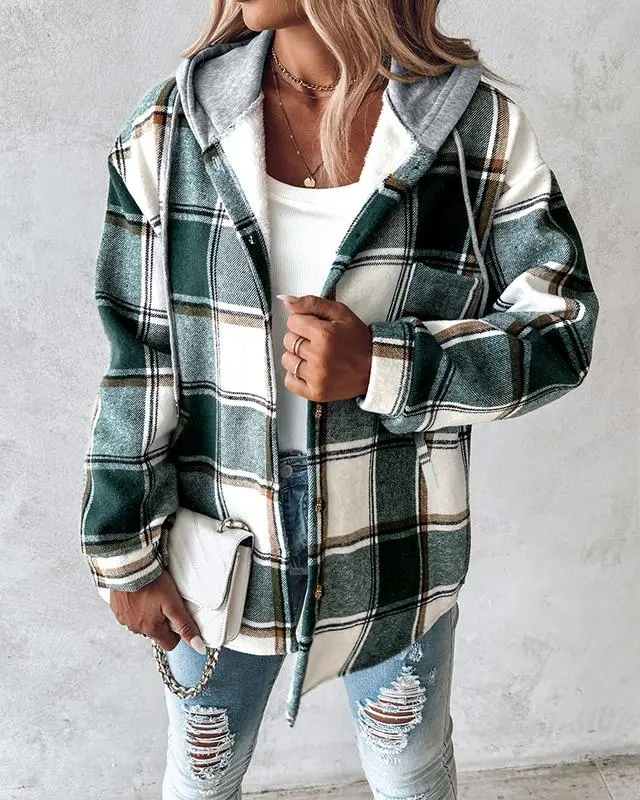 Women's Plaid Pattern Shacket  Hooded Jackets
