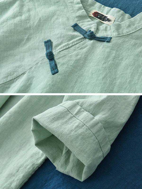 Vintage Linen Frog Loose Long Sleeve Shirt Tops