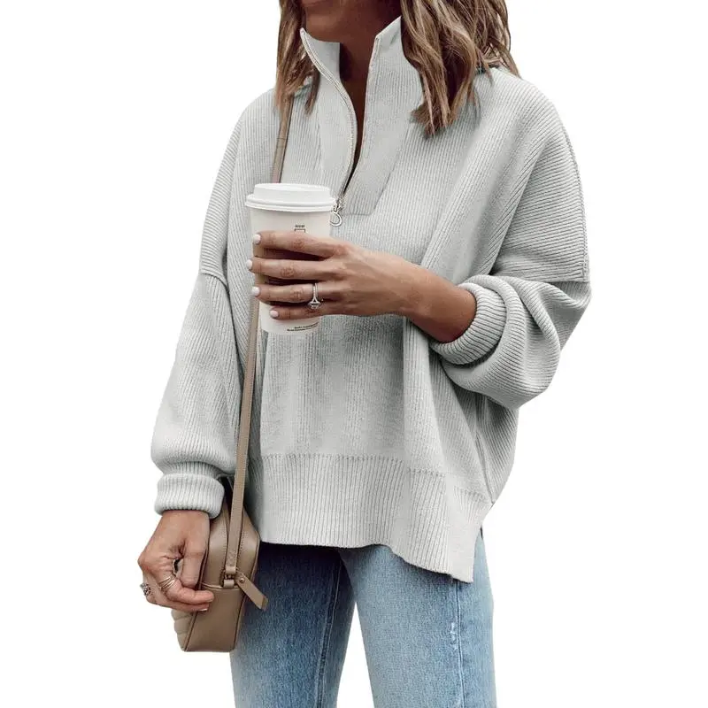 Women's Long Sleeve 14 Zip Oversized Ribbed Knit Tunic Sweater