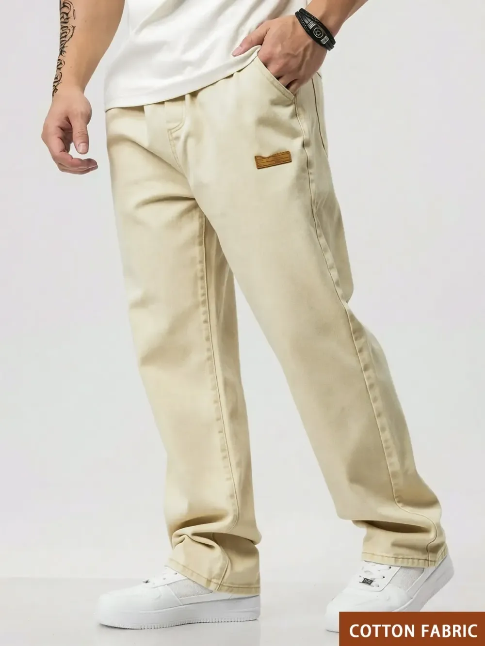 Men's Drawstring Elastic Waist Jeans, Washed Vintage Straight Leg Plain Denim Jeans