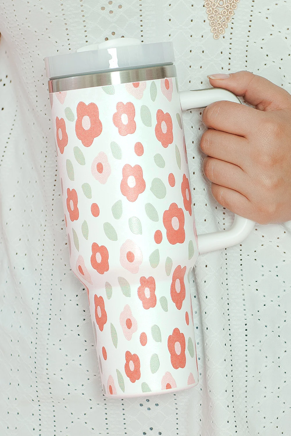 White Floral Leaves Print Stainless Large Portable Cup 40oz