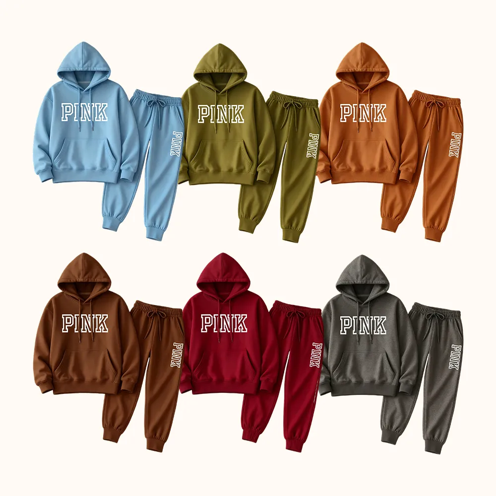 Women's Pink Print Hoodie And Drawstring Track Pants Set, Casual Sportswear