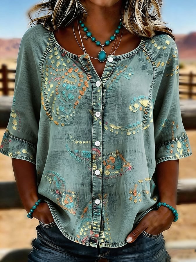 Women's Casual Retro Western Cotton Linen Shirt