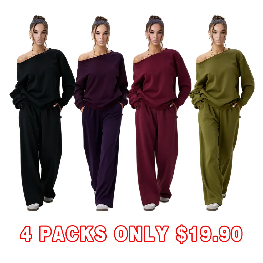 Women's Leisure Solid Color Sloping Shoulder Long Sleeve Top & Wide Leg Trousers Co-ord