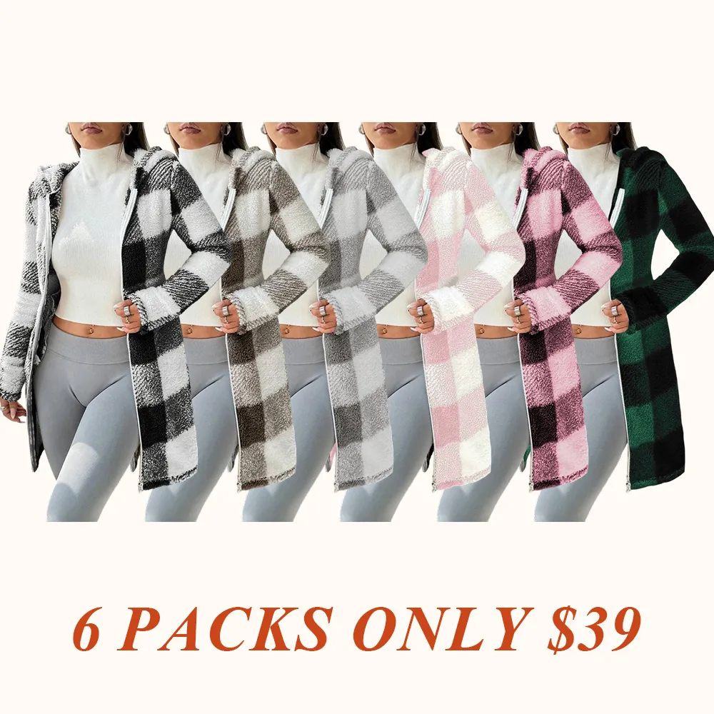 Women's Plaid Fleece Long Sleeve Hooded Coat