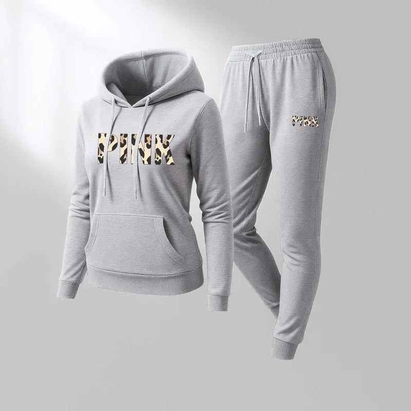Women's Leopard Pink Print Hoodie & Drawstring Sweatpants Set