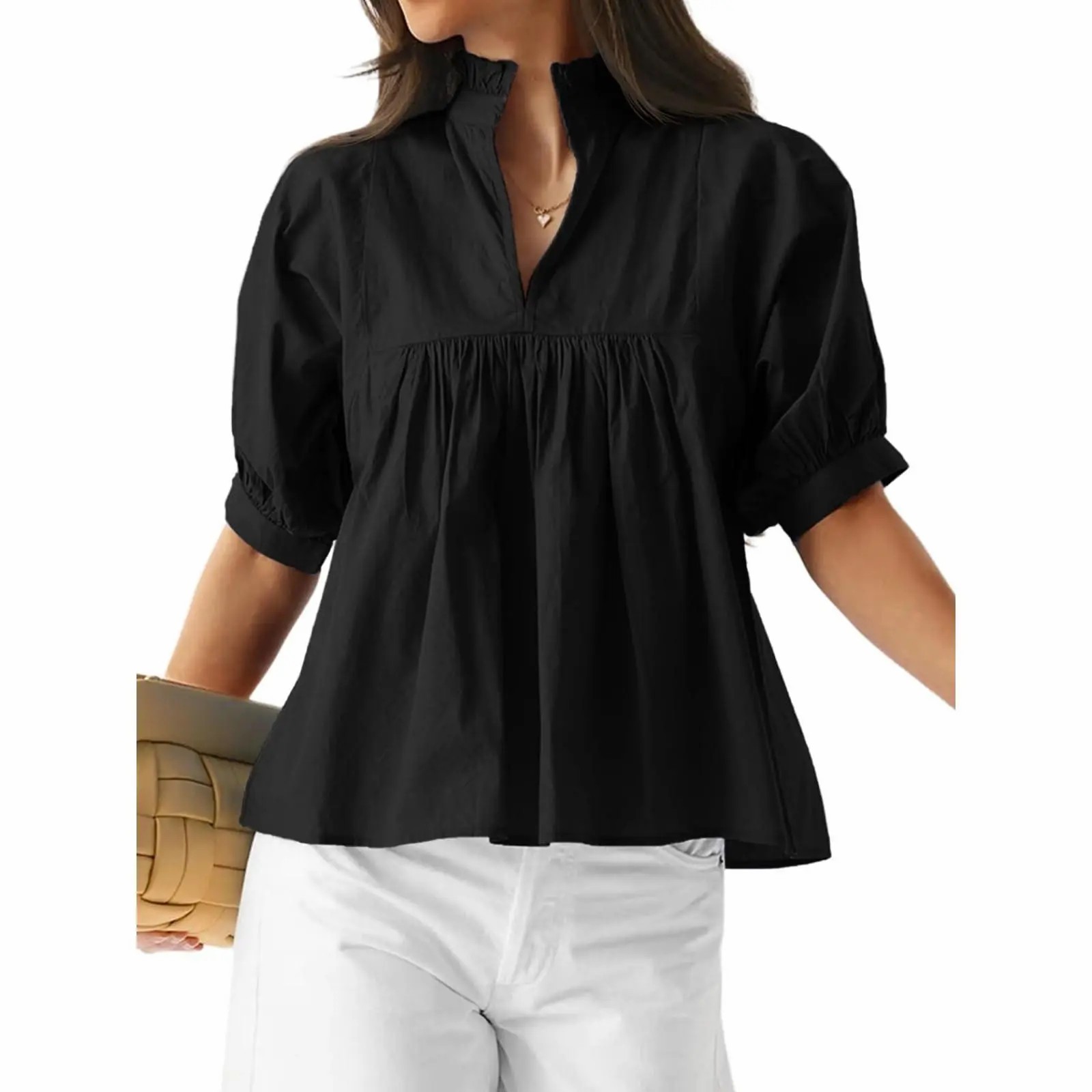Elegant V-Neck Puff Sleeve Peplum Blouse - Versatile Dressy Casual