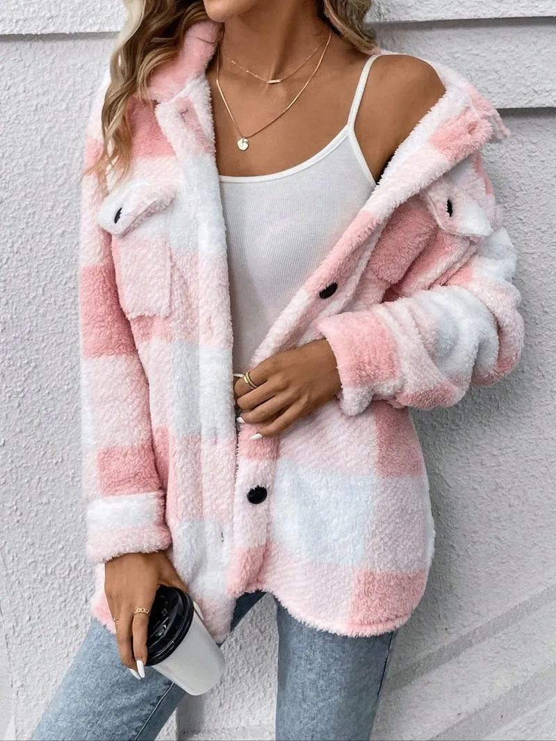 Women's Plaid Print Button Front Fuzzy Coat