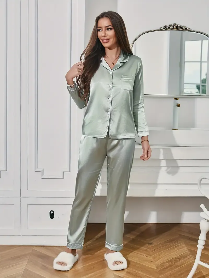 Solid Pajama Set, Long Sleeve Button Up Lapel Top & Pants Pj Set - Women's Sleepwear & Loungewear