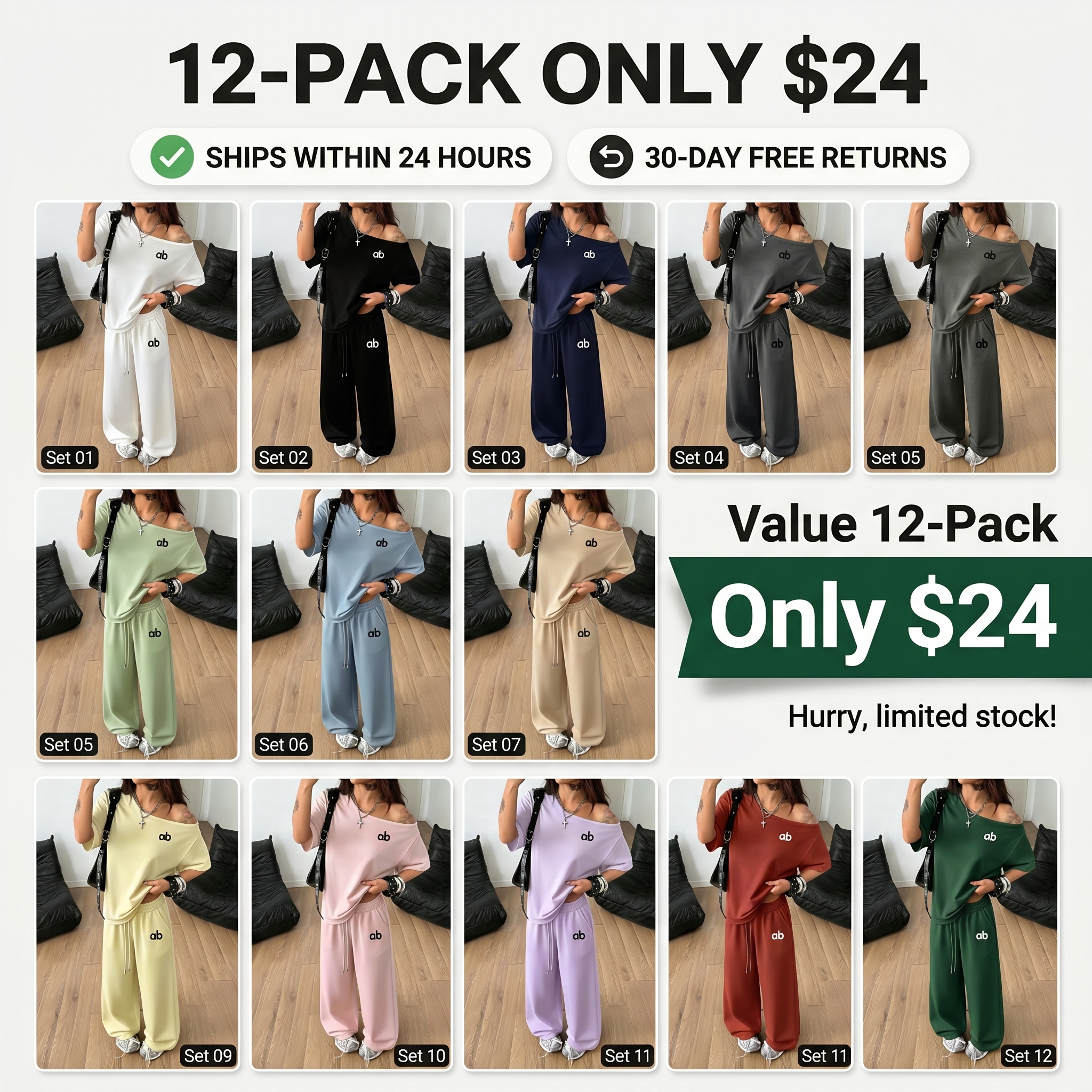 Women's Two-Piece Set: Letter-Print Off-Shoulder Loose T-Shirt & Wide-Leg Pants