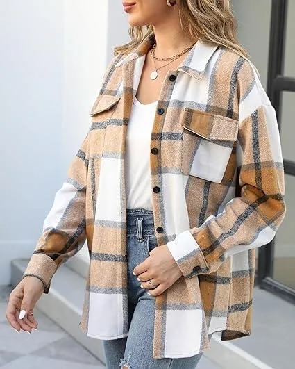 Womens Plus Size Shacket Jacket Flannel Plaid Long Sleeve