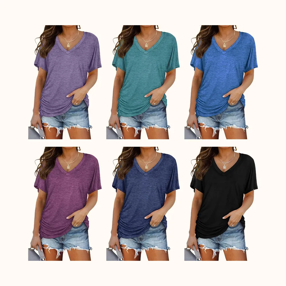 Womens Short Sleeve V Neck Dolman Tops with Side Shirring Loose Fit Shirts