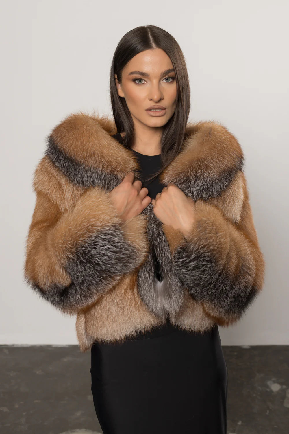 Haină din Blană Naturală de Vulpe, cu Guler Rever, Femei, Canadian Brown 403