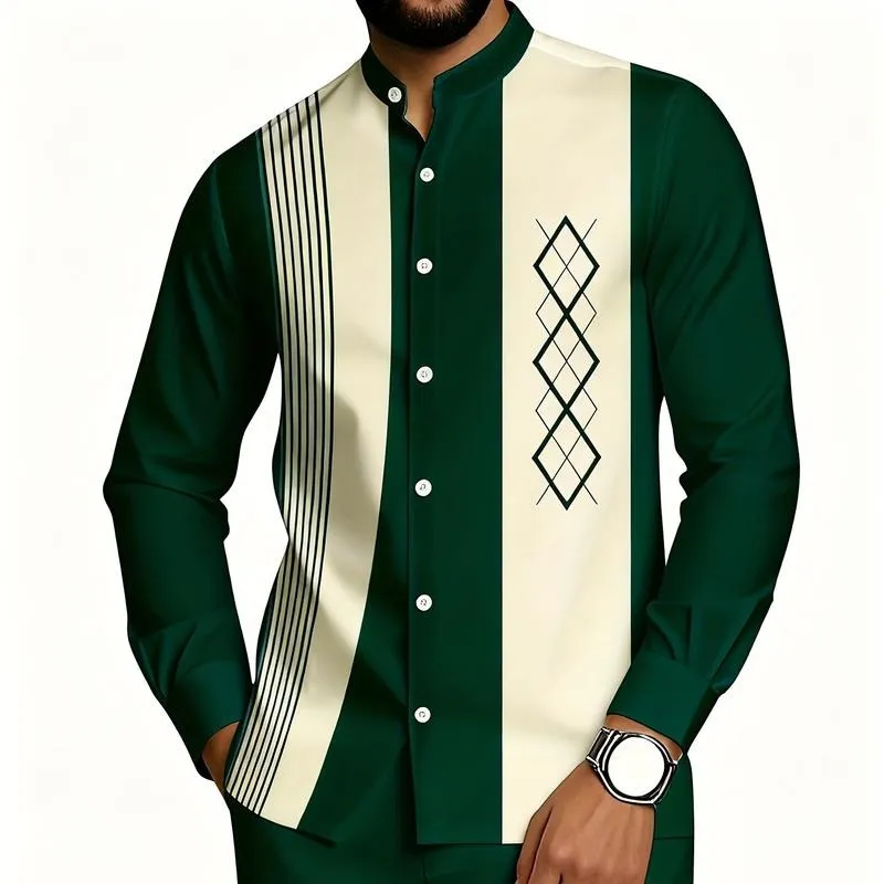 2 piece men's black and white vertical stripe graphic printed button up collar top and drawstring waist casual pants