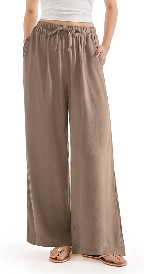 Women’s Wide Leg Linen Palazzo Pants – High Waist Lounge Pants with Pockets