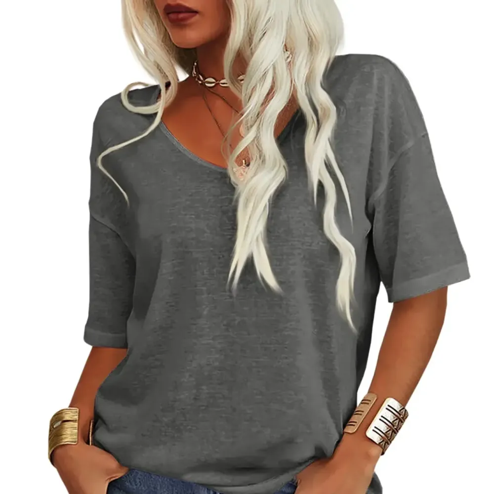 Women Soft V Neck Tshirt Half Sleeve Lightweight Solid Color Loose Fit Minimalist Top