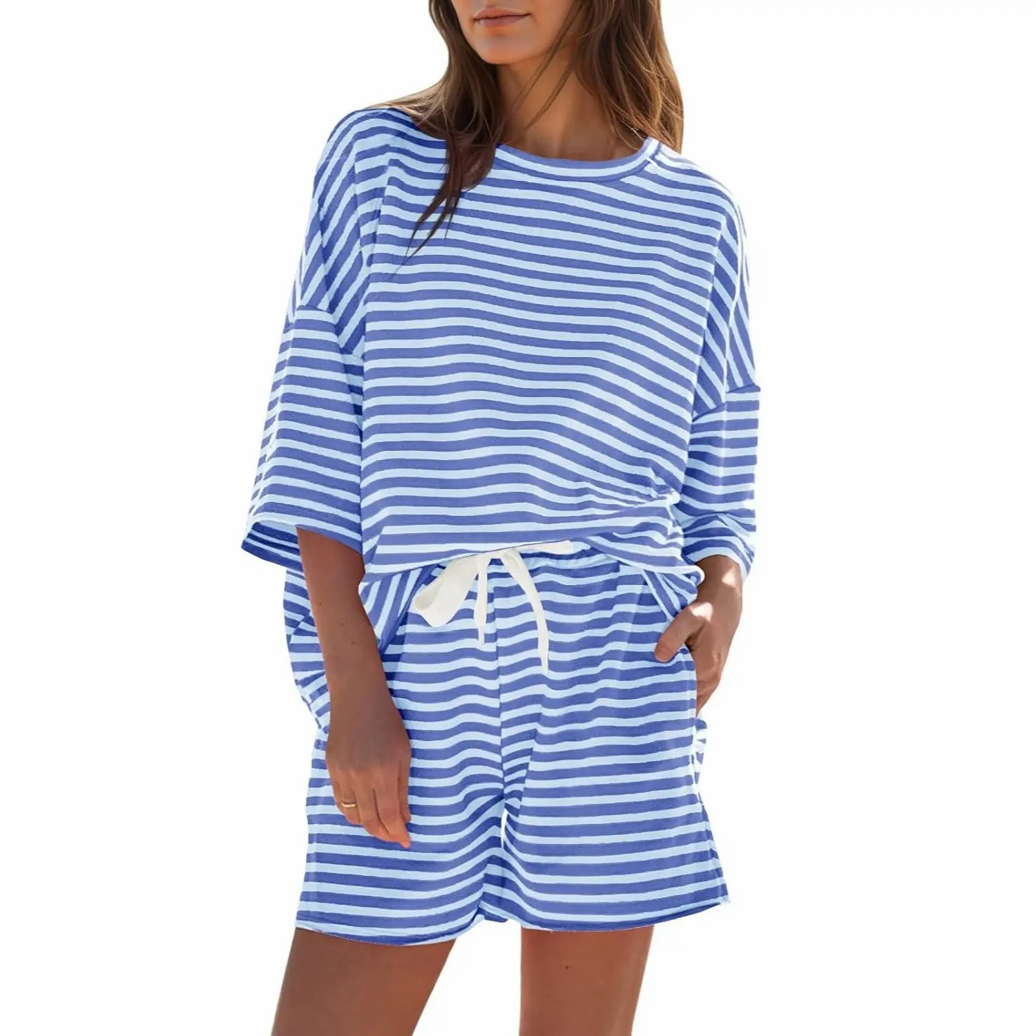 Women's Striped 2-Piece Lounge Set – 3/4 Sleeve Sweatsuit & High Waist Shorts
