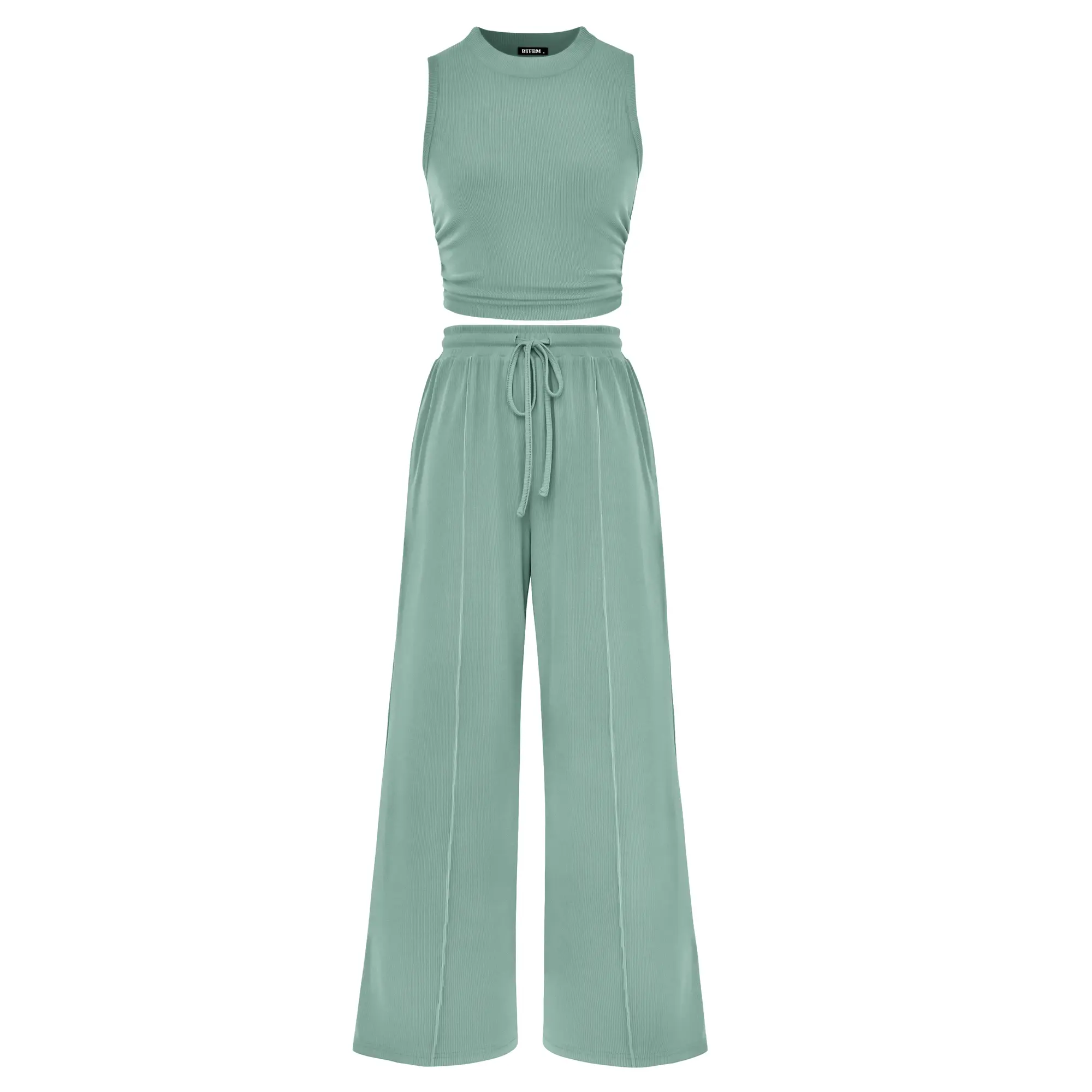Women's Summer 2-Piece Outfits - Ribbed Knit Crew Neck Sleeveless Cropped Top & Wide Leg Pants Lounge Set
