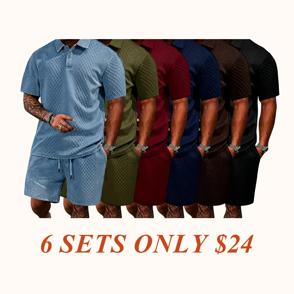 Men's summer casual texture fabric solid color polo shirt T-shirt shorts 2-piece set