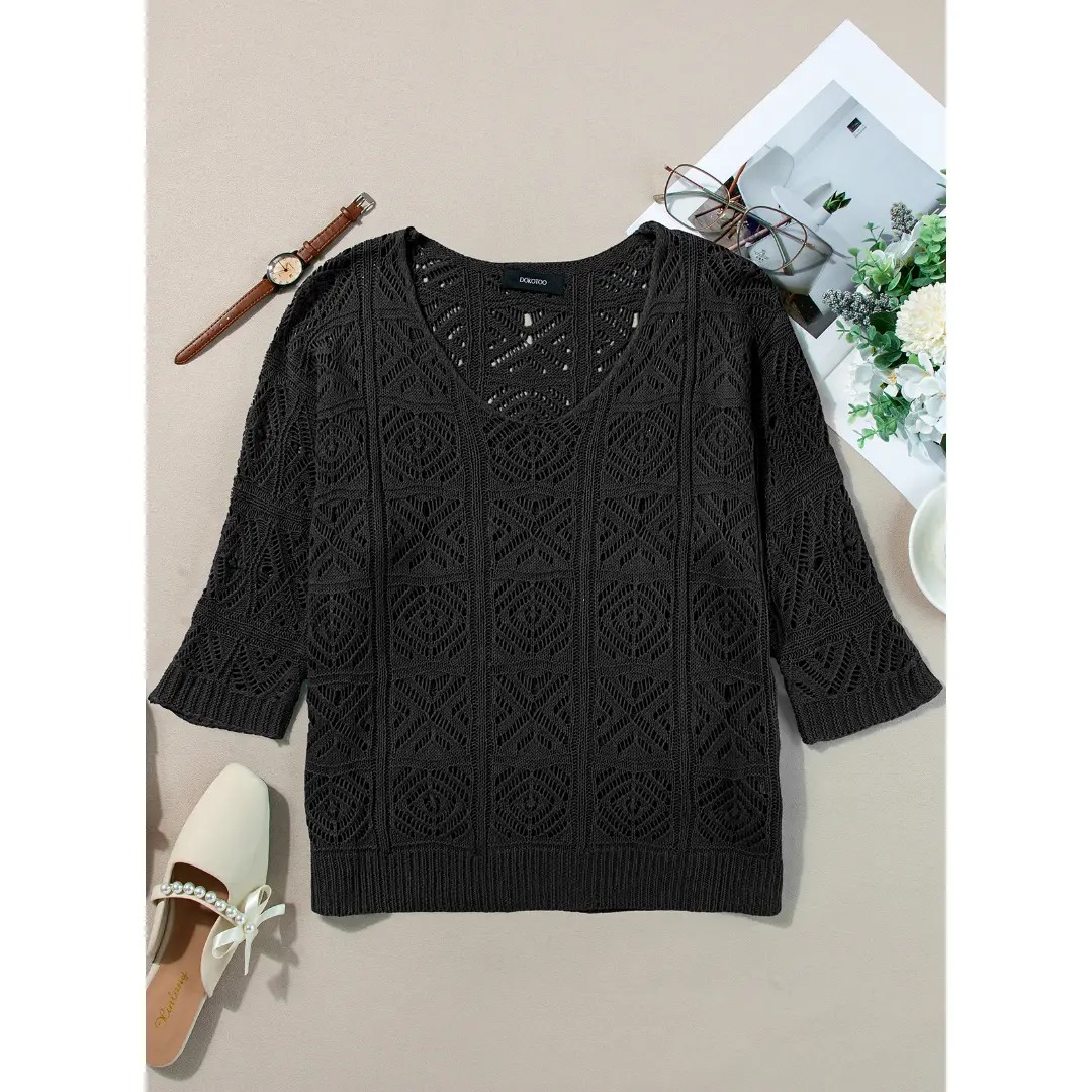 ✨ Women’s Crochet Hollow-Out Off-Shoulder Top – Lightweight 3/4 Sleeve Summer Sweater