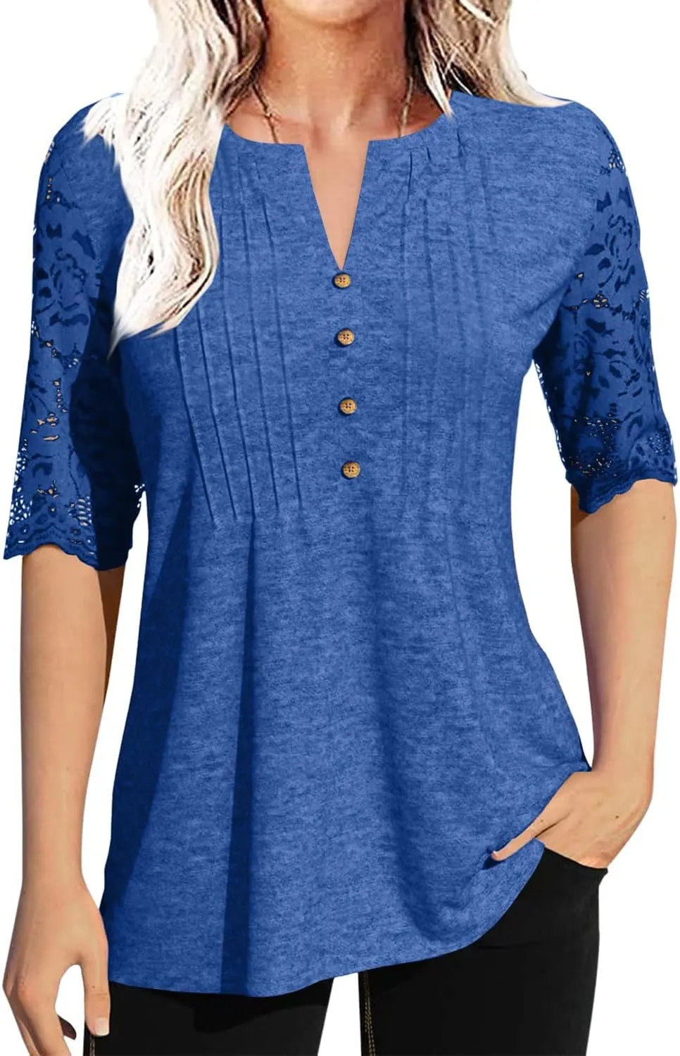 Women's Lace Sleeve Summer T-Shirt V-Neck Botton Up Basic Solid Color Casual Tunic Tops