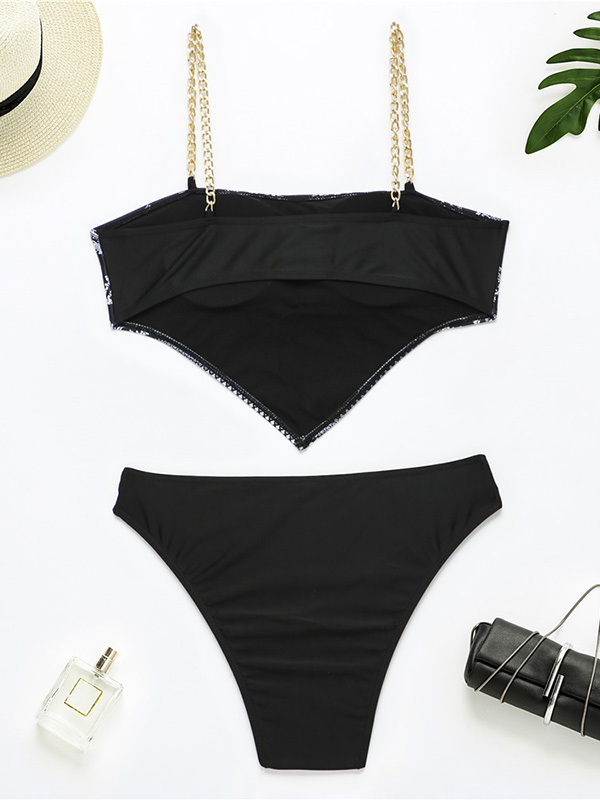 Ethnic Printed Metal Chain Spaghetti-Neck Bikini Swimwear