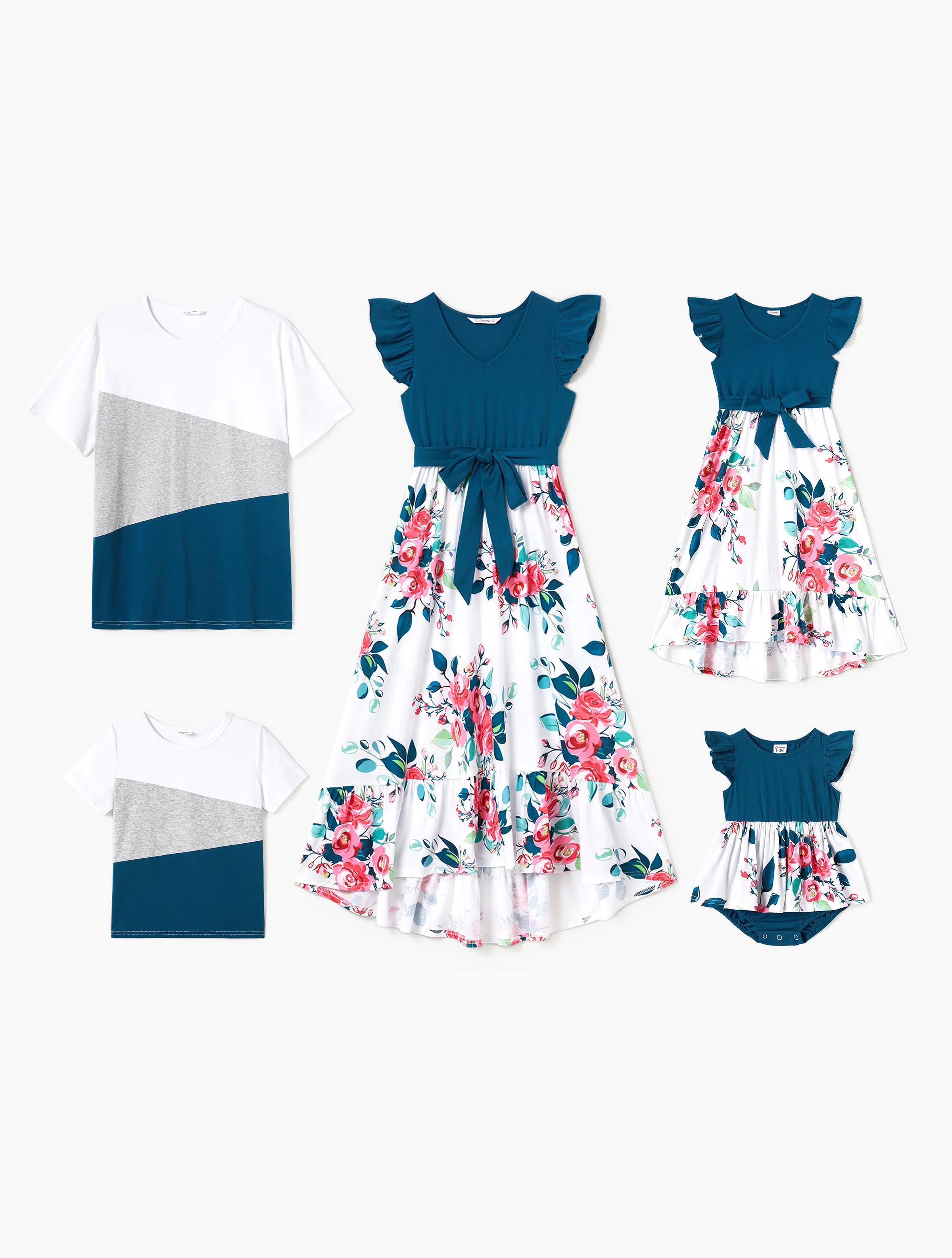 Family Matching Solid V Neck Flutter-sleeve Splicing Floral Print Dresses and Short-sleeve Colorblock T-shirts Sets Azure-