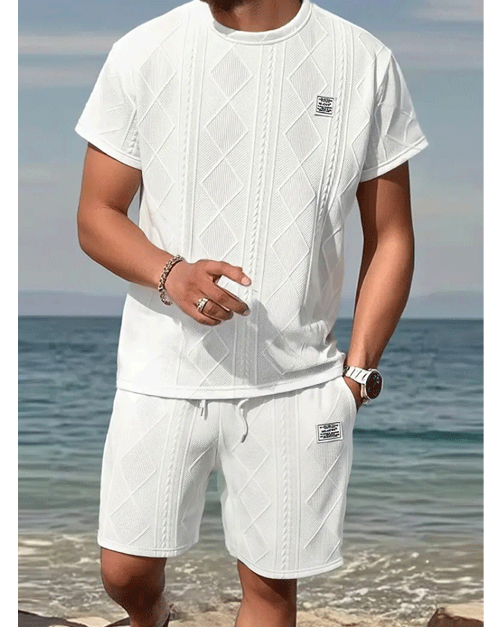 Men’s Textured Summer Two-Piece Set – Short Sleeve Tee & Drawstring Shorts