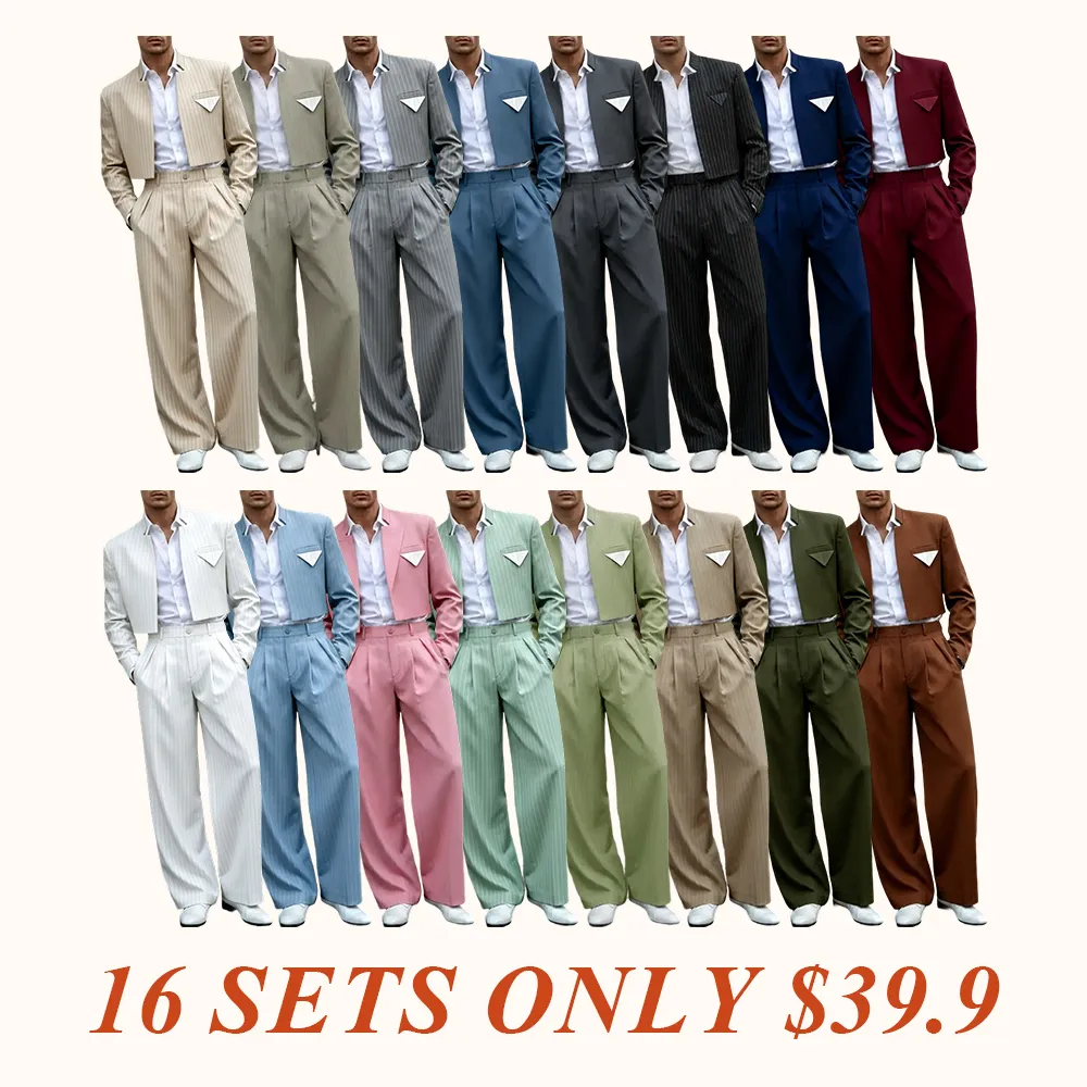 Men's Pinstripe 2-Piece Set Cropped Blazer & High Waist Wide Leg Pants Suit