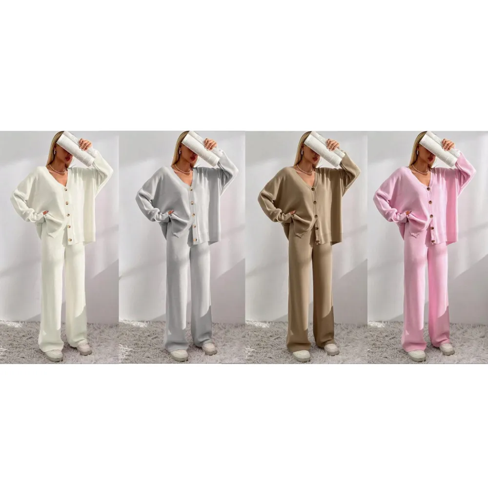 Women's  V Neck Cardigan & Elastic Waist Wide Leg Pants Two-piece Set