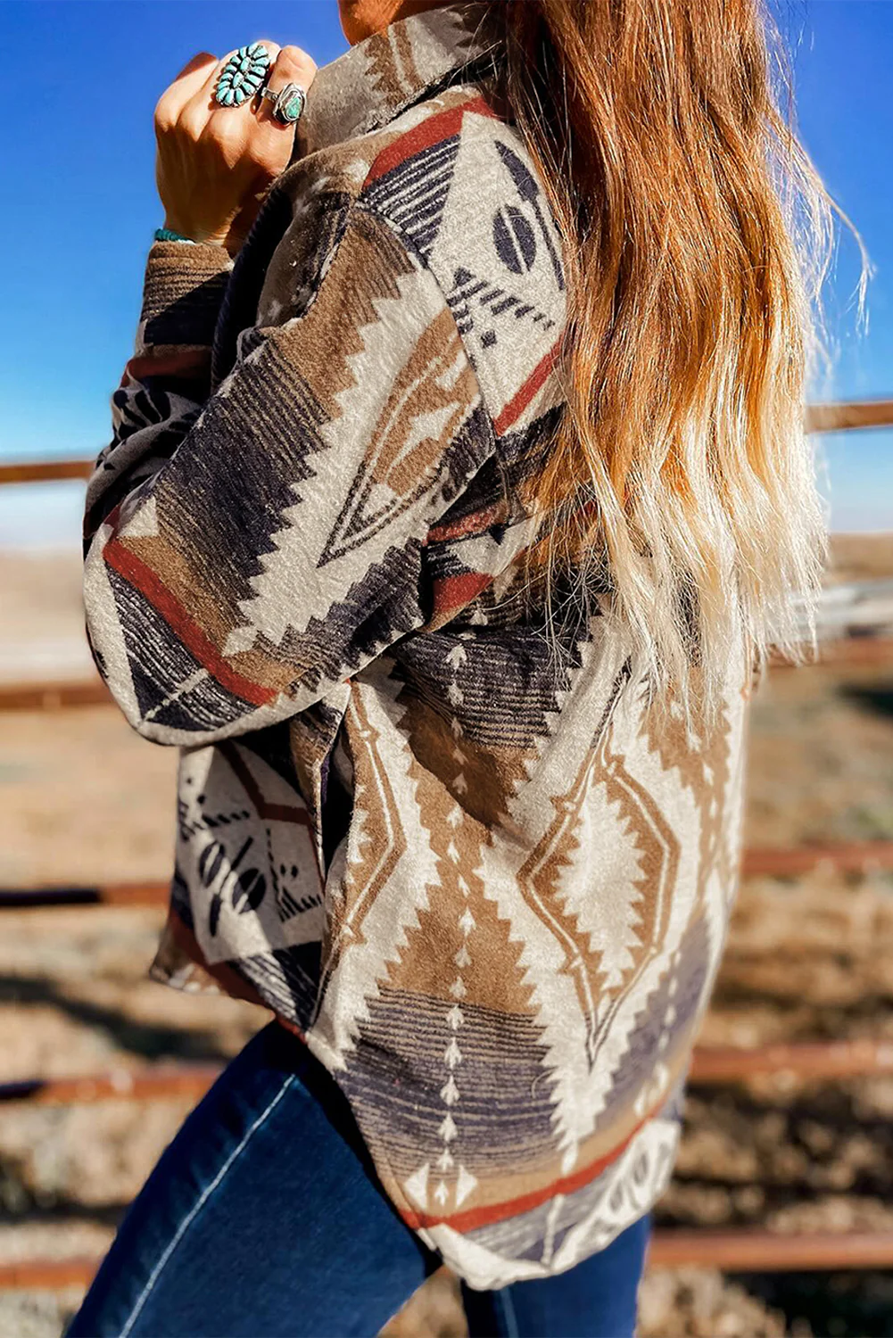 Western Aztec Collared Button-up Sweatshirt
