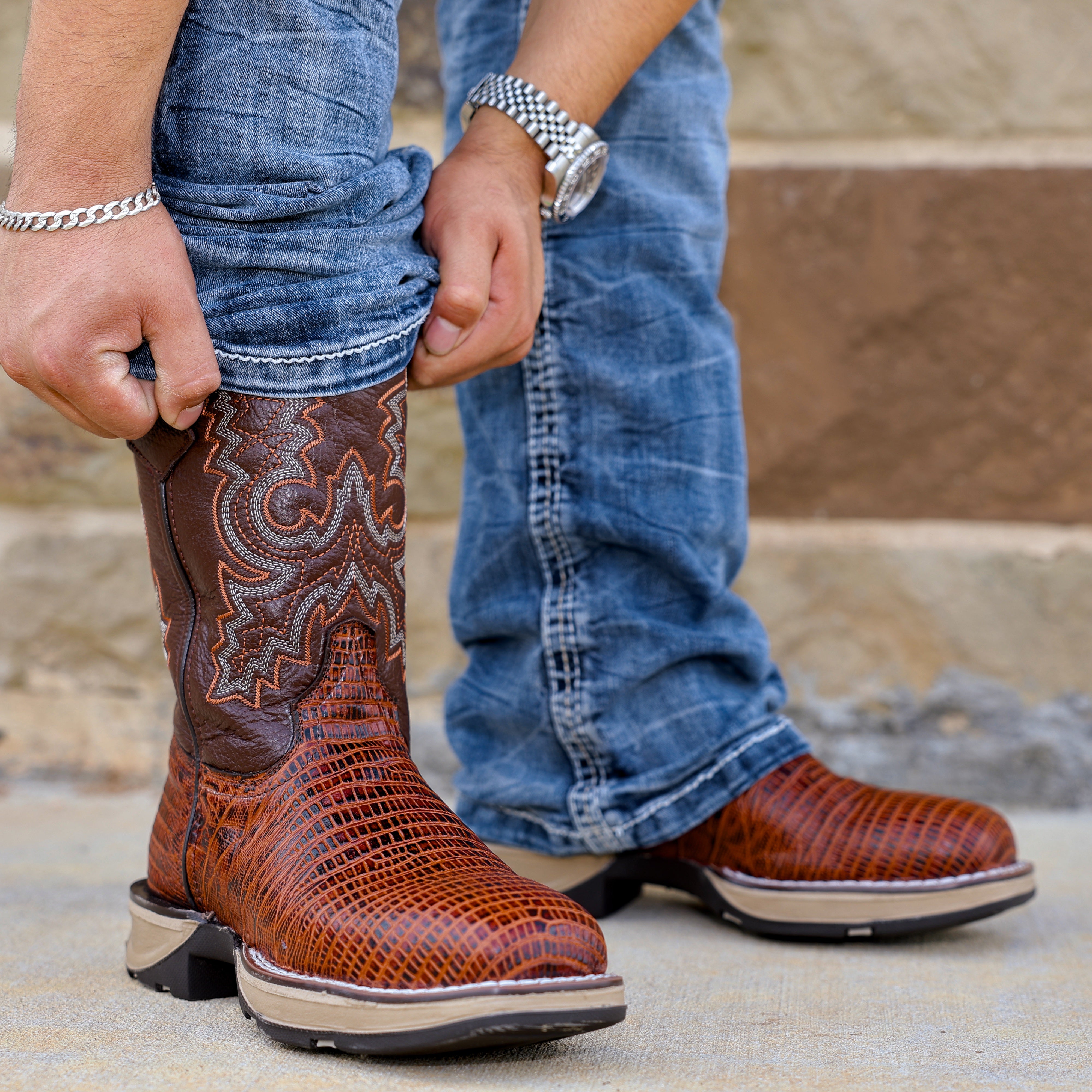 Cognac Lizard Leather Boots With 3D Lightweight Sole - Composite Toe