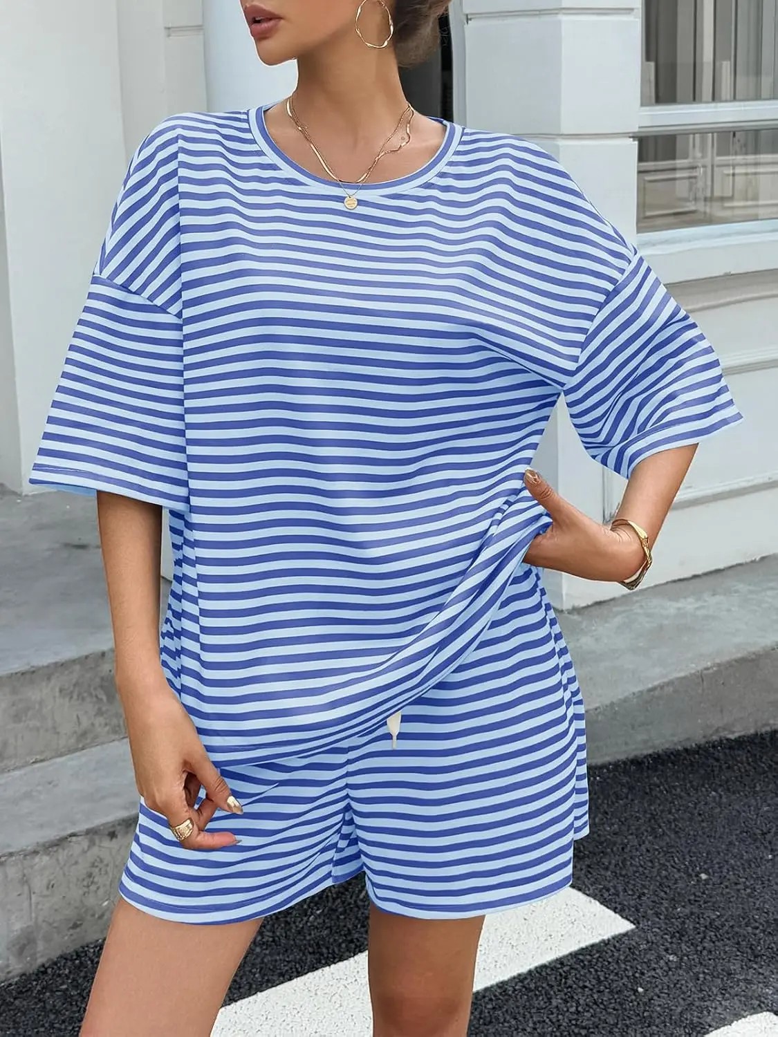 Women's Striped 2-Piece Lounge Set – 3/4 Sleeve Sweatsuit & High Waist Shorts