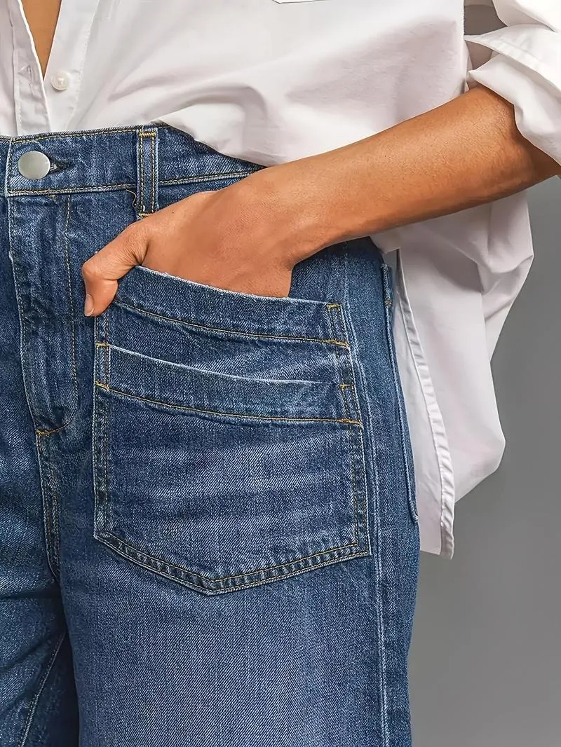 Solid Color Wide Leg Stretchy Jeans, Casual Comfy Denim Stretchy Jeans for Daily Wear, Women's Bottoms for All Seasons