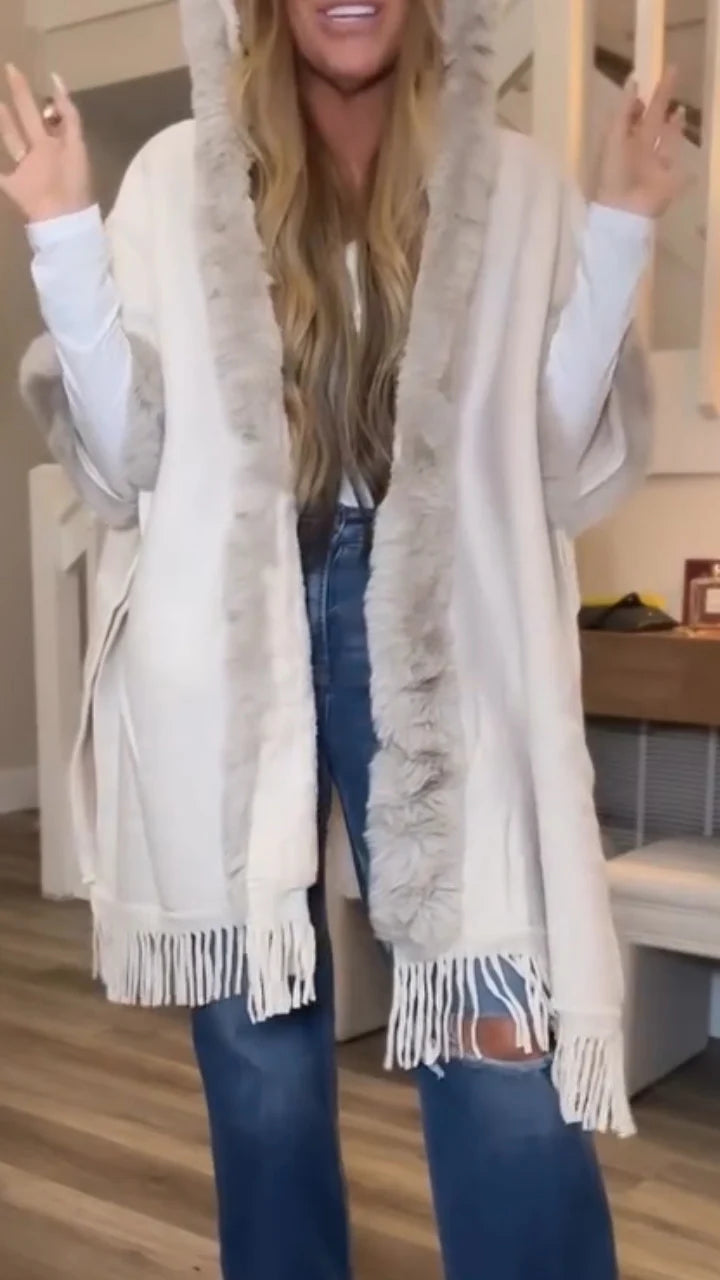 Women Fur Collar Hooded Tassel Casual Coat