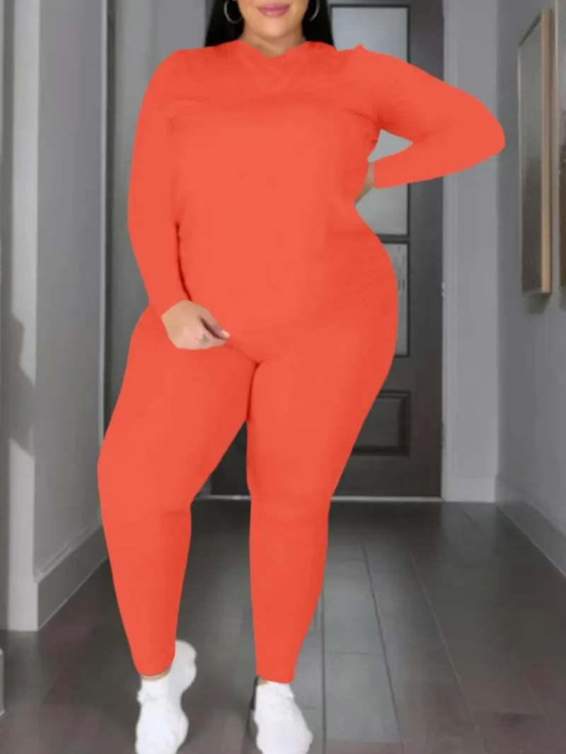 Women's Plus Size 2-Piece Set, Long-Sleeve Round-Neck Top & Pants, Casual Home Sportswear for Daily Wear