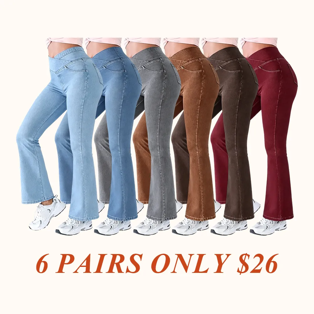 High Waisted Bootcut Flare Denim Jeans for Women - Crossover Waist & Illusion Pocket Design