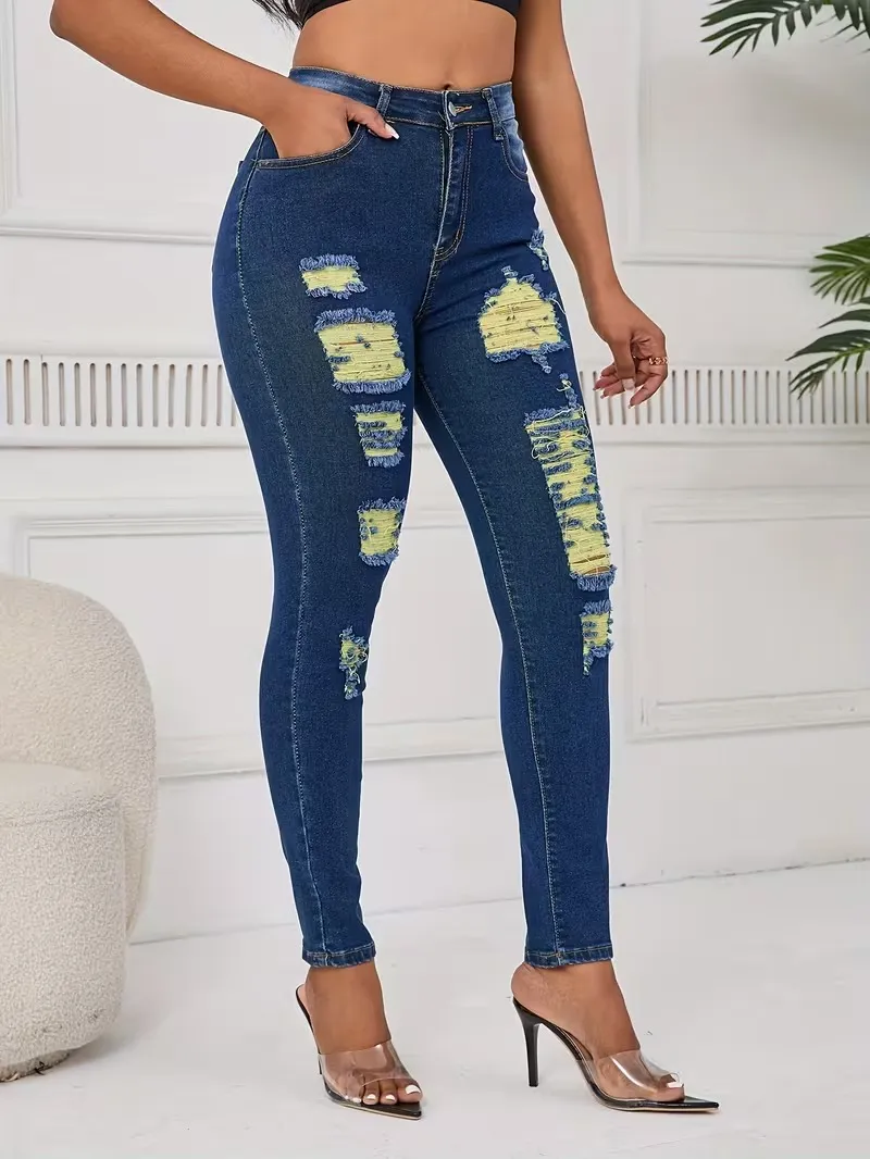 Women's Fashion Yellow Ripped Distressed Skinny Jean Slim Fit Denim Pants