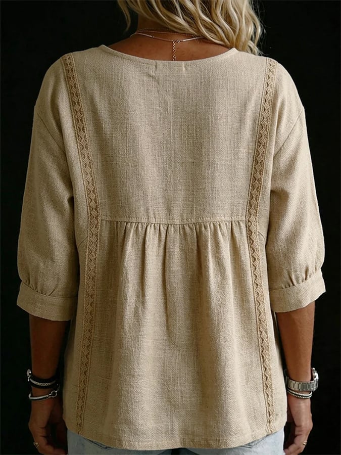 Women'S Color-Blocked Round Neck Lace-Trimmed Short-Sleeved Top