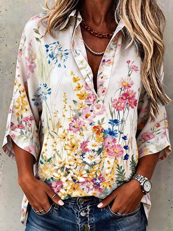 Women's Retro Floral Art Print Cotton Linen Shirt- Fast Shipping