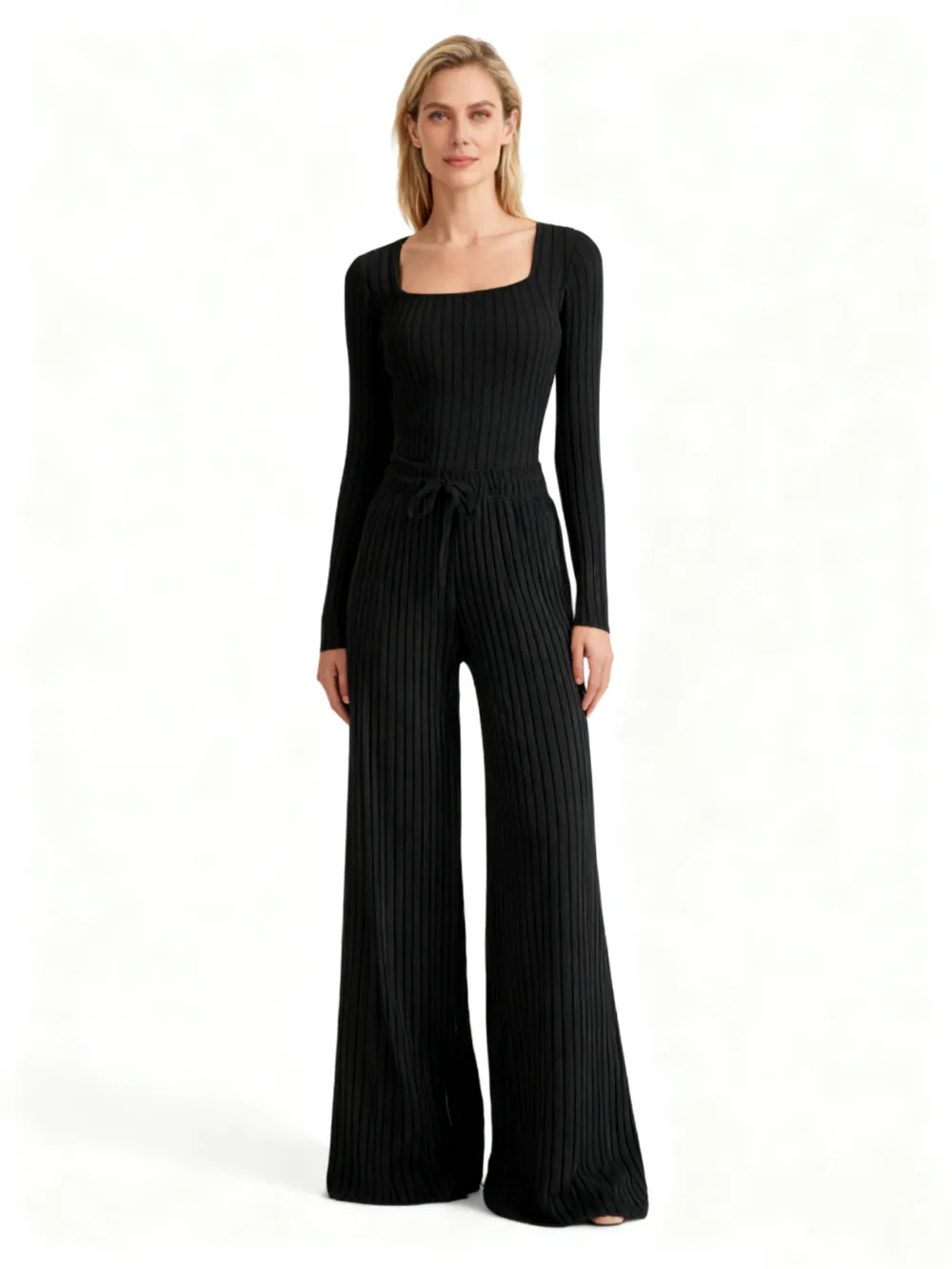 Women's Slim-Fit Solid Color Ribbed Fleece Jumpsuit Set